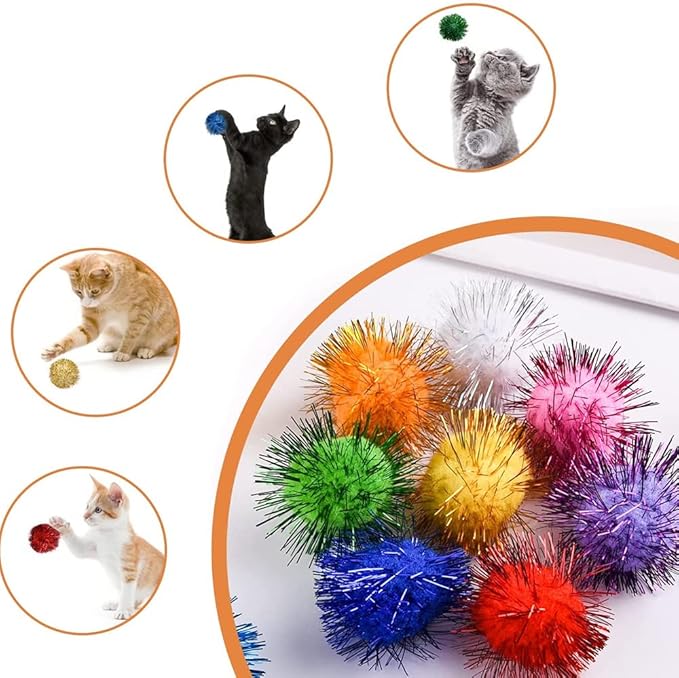 30Pcs 1.2inch/3cm Sparkle Balls for Cats - Interactive Toy Pom Pom Fuzzy Tinsel Cat Balls for Indoor Play (Mixed Colour)-PawvioPets