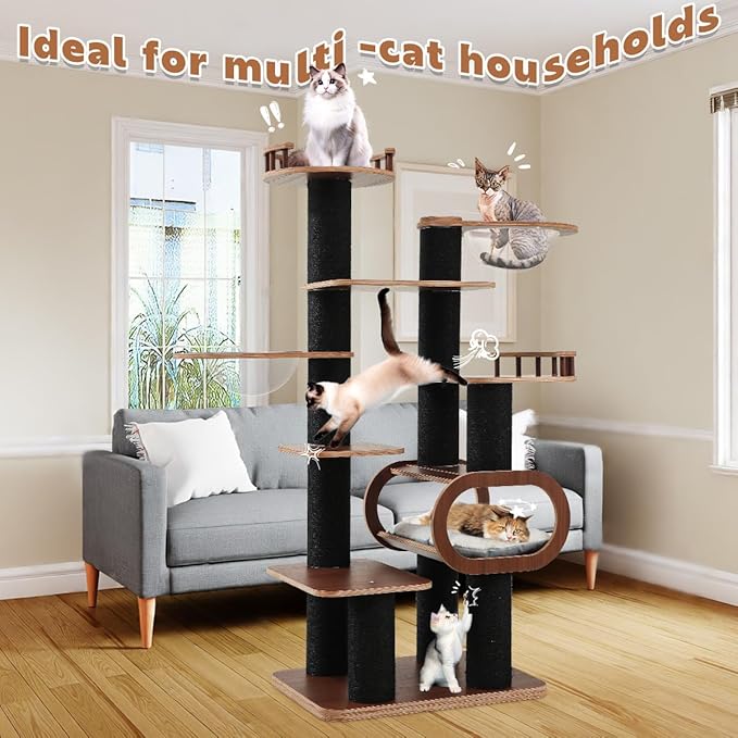 70.9'' Black Cat Tree for Indoor Cats Large Adult, Heavy Duty Cat Tower with Scratching Post, Modern Kitty Tree with Removable Mats, Semi-closed Condo and Transparent Bowl, Wooden Luxury Cat Furniture-PawvioPets