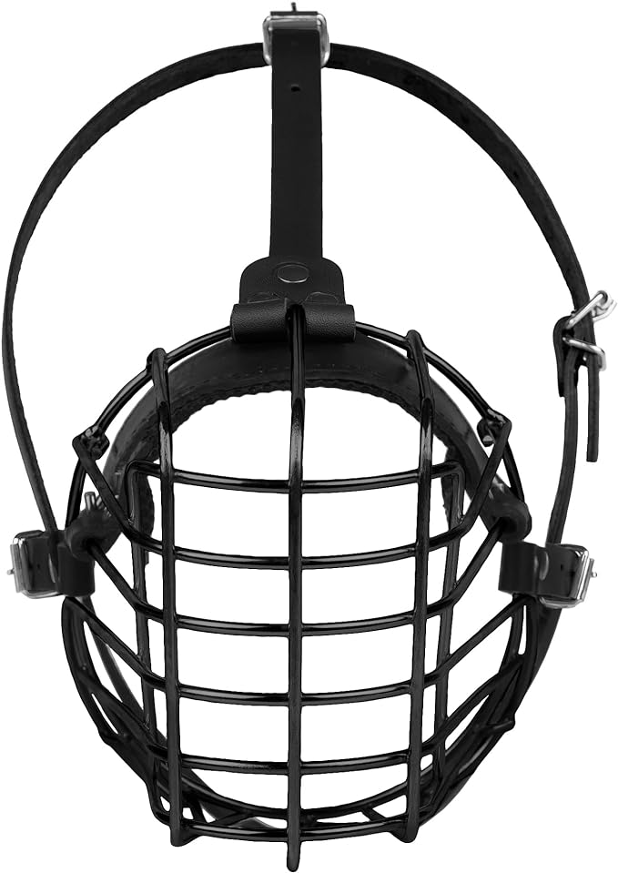 German Shepherd Dog Muzzle Metal Basket for Medium Large Dogs Adjustable Durable Leather Straps Secure Wire Mask for Biting Chewing Barking (Black, M - Size)-PawvioPets