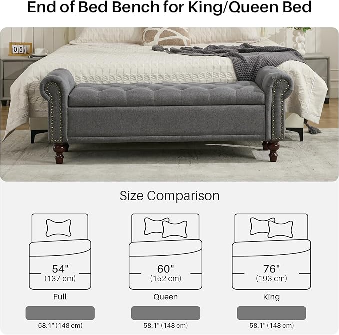58.1'' Storage Bench Upholstered Linen End of Bedroom Bed Bench Ottoman with Tufted Cushioned Rolled Arm Large Storage Space for Reading Living Room Entryway, Grey-PawvioPets