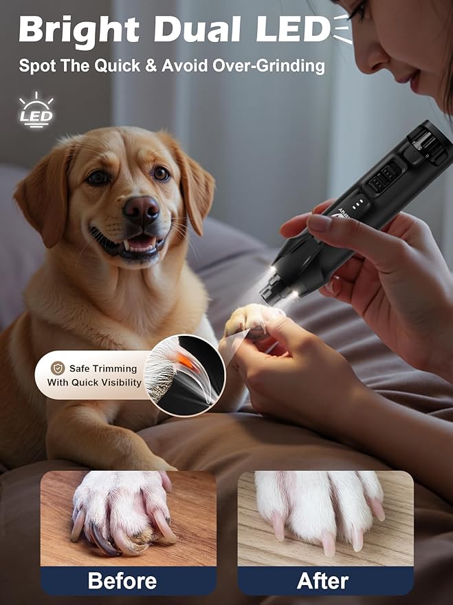 Casfuy 6-Speed Dog Nail Grinder – 50%+ Boost Power Dog Nail Trimmers Quiet with Dust Cap & 2 LED Lights & 2000mAh Battery & 4.8V Motor Electric Pet Toenail File Tool for Large Medium Small Dogs Cats-PawvioPets