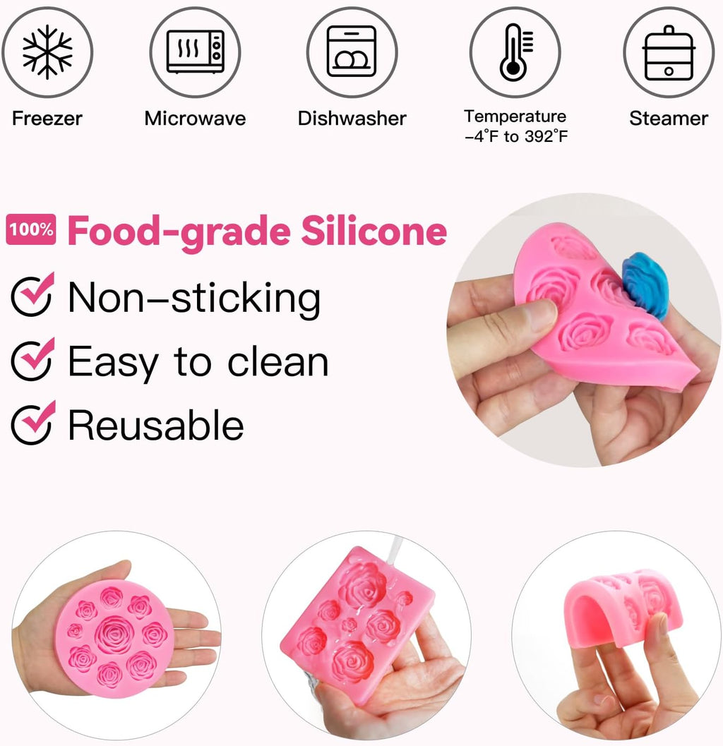 4 Pcs Flower Silicone Molds, Fondant Cake Flower Mold Silicone Daisy Rose Clay Mold Polymer Clay Molds for Cupcake DIY Crafts Cake Decoration