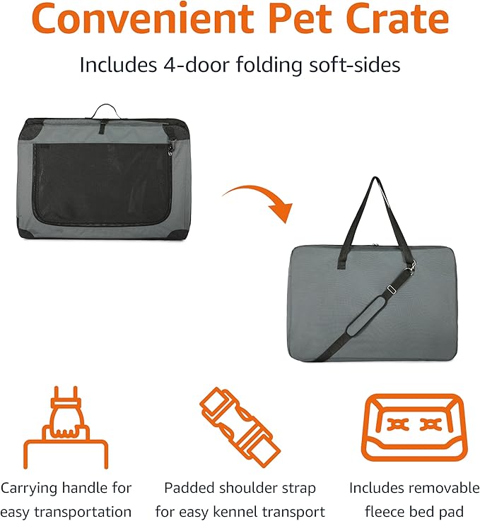 Amazon Basics 4-Doors Portable Soft-Sided Folding Travel Crate Kennel for cat, Dog, and Other Small Animals, Grey, M 30" x 21" x 21"-PawvioPets