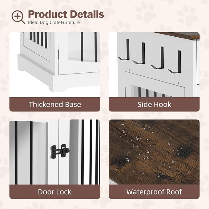 40 Inch Furniture-Style Dog Crate-Multipurpose Wood Pet Crate Furniture with Double Doors,2 Drawers, Decorative Dog House Indoor for Smal/Medium Dogs, White Finish-PawvioPets