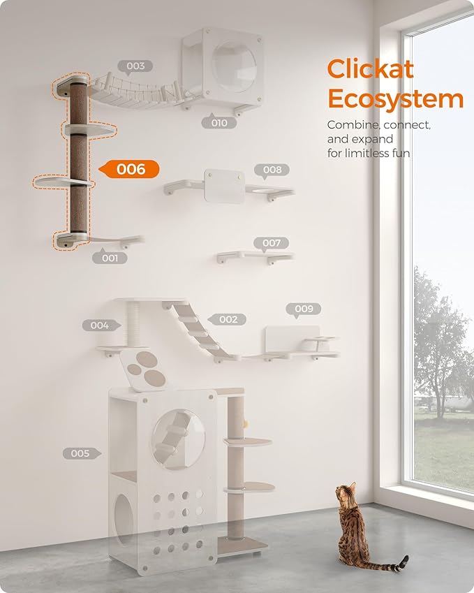 Feandrea Clickat Collection - No.006 Cat Tree Scratching Post, 39.7-Inch Tall Thicker Wall Mounted Cat Scratcher Posts, 2 Cats Perch Platform, Easy Assembly, Suit for Multi Cats Climb Play Nap Scratch-PawvioPets