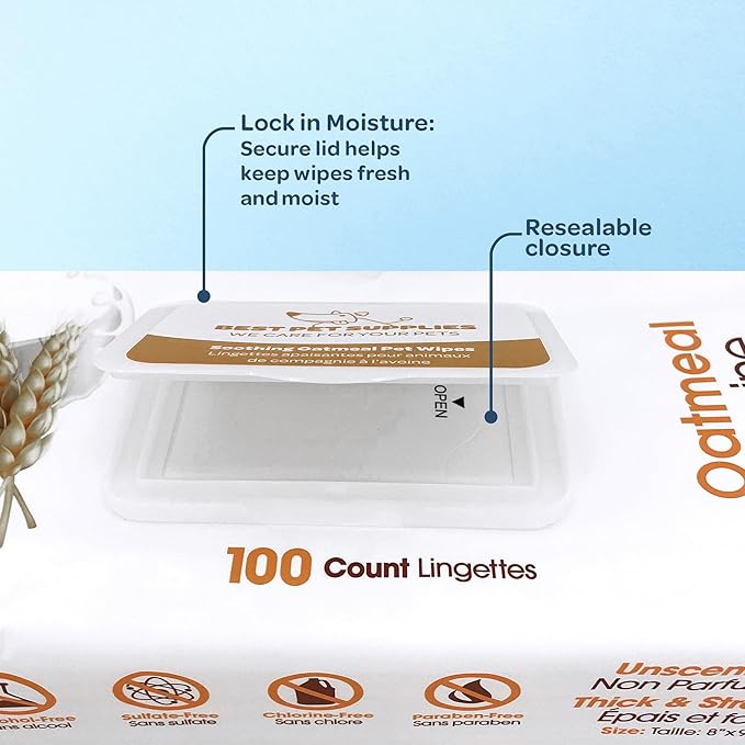 Best Pet Supplies Pet Wipes for Dogs - Dog Wipes Cleaning Deodorizing, or Coats, Ears, Paws - Soothing Oatmeal, 100 Count-PawvioPets