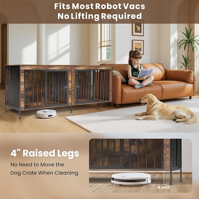 Dog Crate Furniture 78" for 2 Dogs Sturdy Heavy Duty Dog Kennel Solid Metal Tube Thick Wooden with 3 Lockable Doors XXL Double Dog Cage Large Breed as End Table for Large Dogs Rustic Brown-PawvioPets