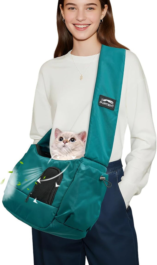 Dog Sling Carrier for Small Pets, Hands-Free Cat Carrier Pouch up to 8.8 lb, Cat Sling with Safety Strap and Pockets, Ideal for Travel and Daily Use, Peacock Blue-PawvioPets