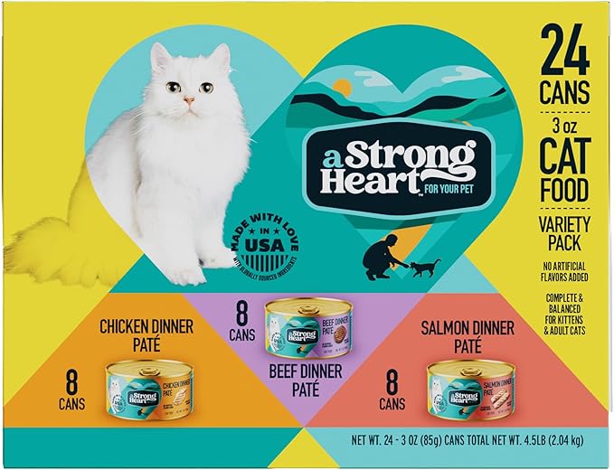 A Strong Heart Canned Wet Cat Food, Chicken, Beef and Salmon Variety Pack - 3 oz Cans (Pack of 24), Made in The USA with Real Chicken, Beef and Salmon-PawvioPets
