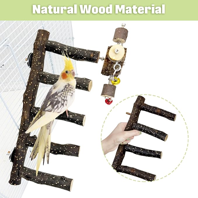 BNOSDM Natural Wood Bird Ladder Perch with Rotating Bell Toys-Exercise Stands for Parrot Climbing Chewing Parakeet Bridge Cage Accessories for Cockatiel, Conures, Lovebirds, Budgie-PawvioPets