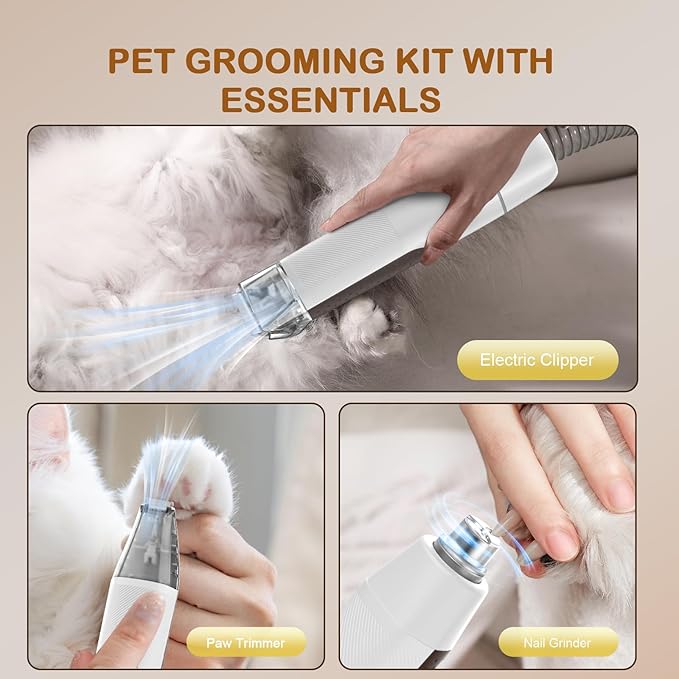 Dog Grooming Vacuum, Dog Grooming Kit with Pet Clipper Nail Grinder, 3 Suction Modes Dog Brush Vacuum with 6 Pet Grooming Tools (Coffee)-PawvioPets