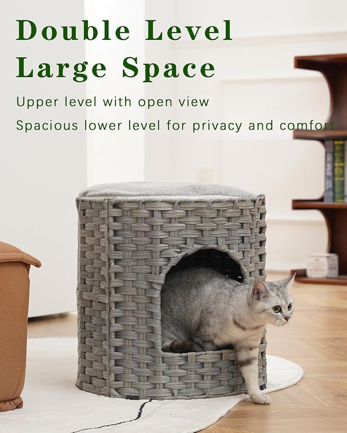 Cat House for Indoor Cat, Large Double Cat Houses Cat Bed Cave, Handwoven Rattan Pet Beds with One Soft Pad, 17 x 17 x 17 Inches Foldable Kitten Hideaway in Living Room Gray-PawvioPets
