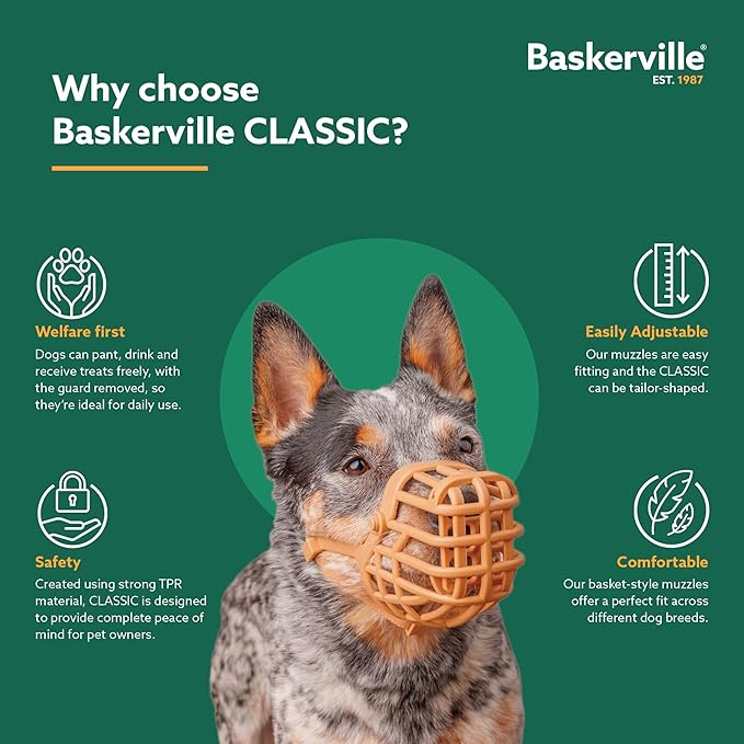 Baskerville Classic Basket Muzzle - Dog can Pant and Drink, Prevents Biting and Food Waste Scavenging, Strong TPR, Ideal for Longer Nosed Dogs, Breathable Dog Training Muzzle for Small Dogs (Size 1)-PawvioPets