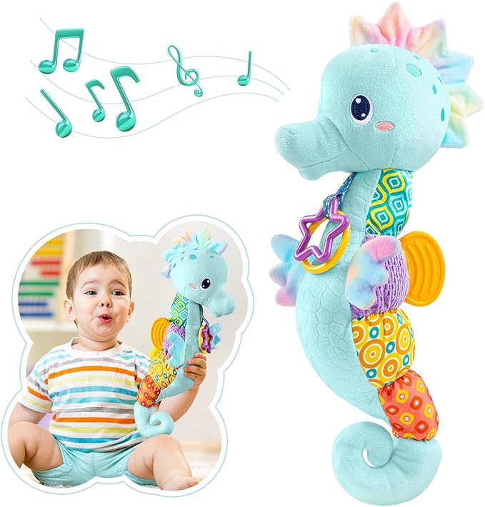Baby Toys 0 to 12 Months, Musical Stuffed Animal Activity Soft Toys with Multi-Sensory Crinkle, Rattle and Textures, Infant Tummy Time Toys for Newborn Boys, Seahorse, Blue-PawvioPets
