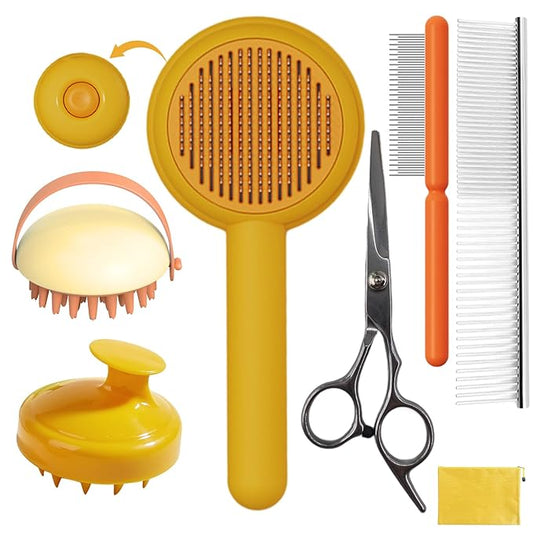Dog Grooming Brush Set, 7 PCS Self-Cleaning Deshedding Hair Brushes for Short Long Haired Dogs Cats, Includes Scrubber Shower Wash Brush, Dematting Comb, Scissor - Yellow-PawvioPets