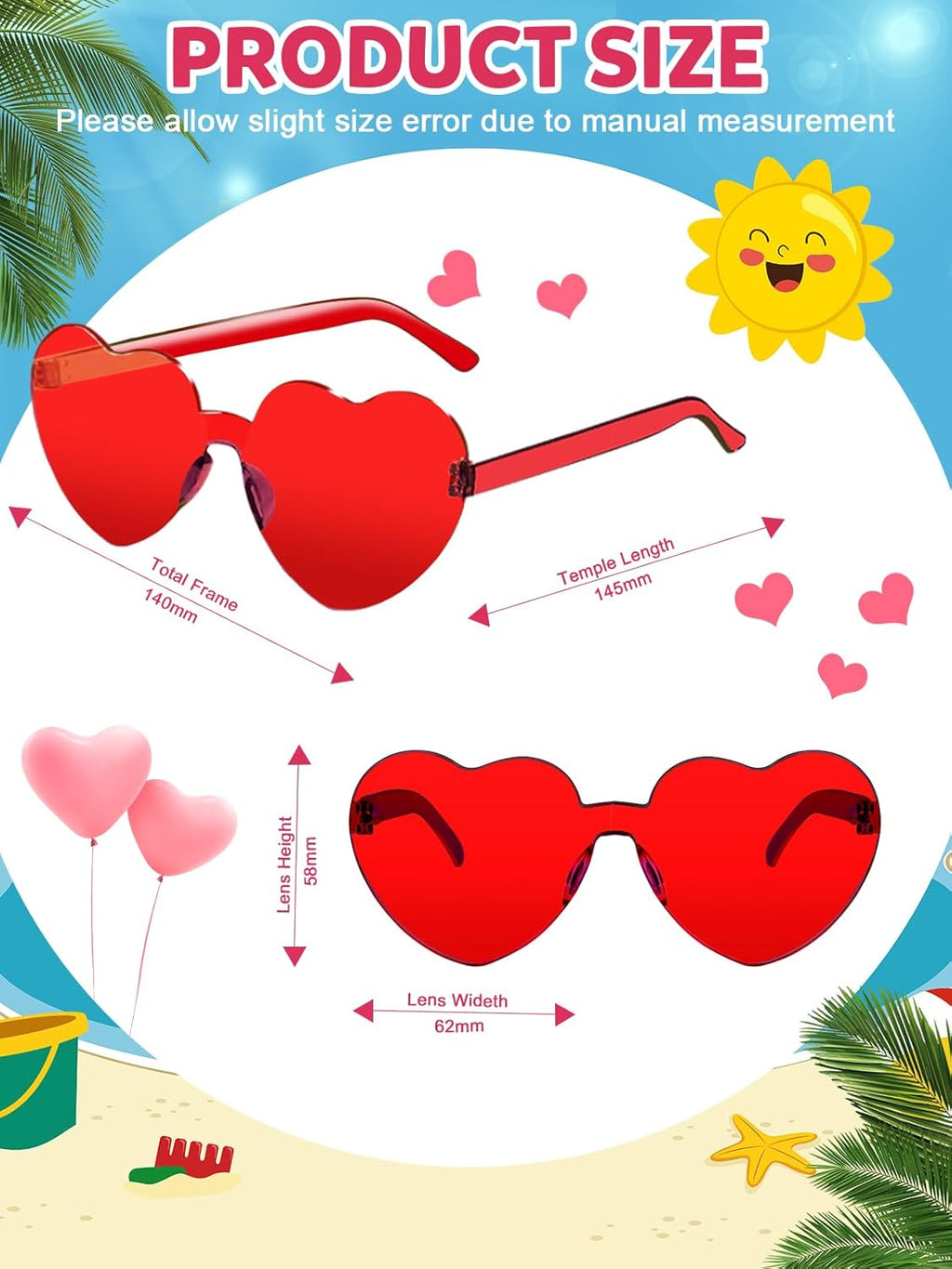 12 Pairs Heart Shaped Sunglasses for Women Colorful Glasses Fun Trendy Transparent Heart Sunglasses Party Favor (Red)