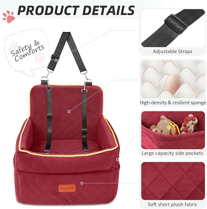 Dog Car Seat for Small Medium Dogs, Memory Foam Puppy Dog Booster Seat with Thick Cushion for Dogs Under 35lbs, Detachable Washable Pet Car Seat Travel Bed with Storage Pockets,2 Safety Belts-PawvioPets