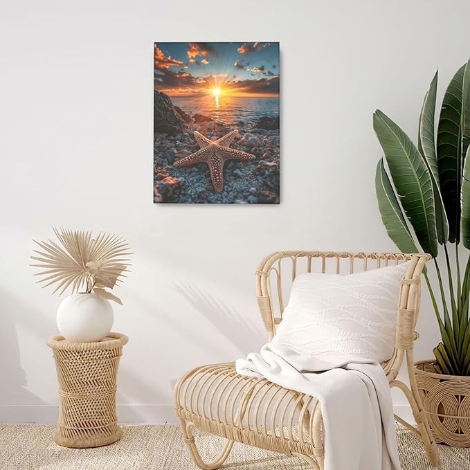 Beach Starfish Wall Decor Ocean Starfish Wall Art Sunset Scenery Coastal Theme Pictures Canvas Nature Seascape Painting Print Framed Artwork Decorations for Home Bathroom Living Room Bedroom Office 16"x20"-PawvioPets