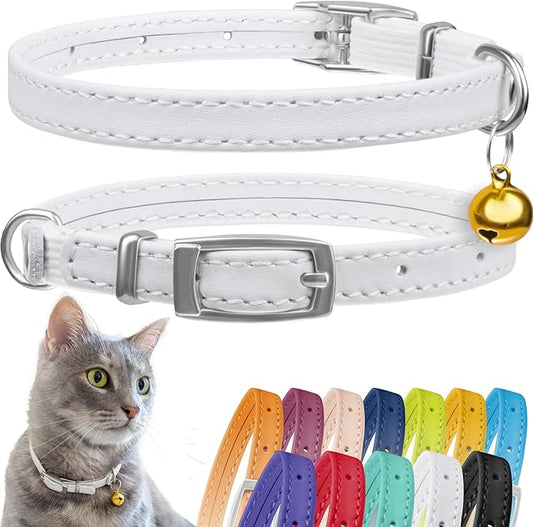 CollarDirect Leather Cat Collar, Kitten Collar with Removable Bell Black Blue Red Orange Lime Green (6-7 Inch, White)-PawvioPets