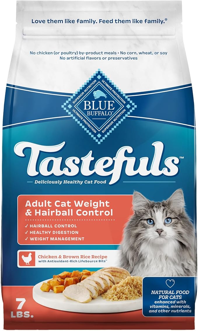 Blue Buffalo Tastefuls Adult Dry Cat Food for Weight Management & Hairball Control, Made in the USA with Natural Ingredients, Chicken Recipe, 7-lb Bag-PawvioPets