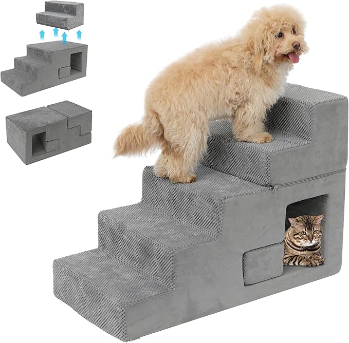 Dog Stairs for Small Dogs 23” H, 5-Step Dog Steps for High Bed, High-Density Foam Pet Stairs with Non-Slip Removable Washable Cover to Get on Bed-PawvioPets