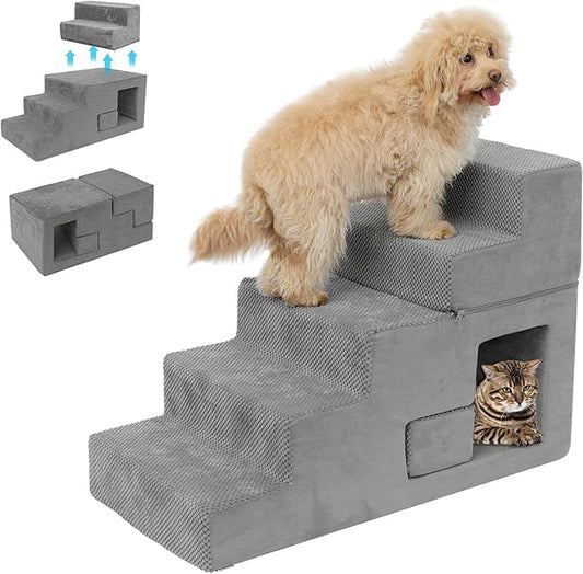 Dog Stairs for Small Dogs 23” H, 5-Step Dog Steps for High Bed, High-Density Foam Pet Stairs with Non-Slip Removable Washable Cover to Get on Bed-PawvioPets