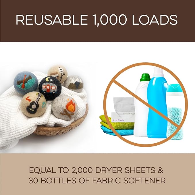 Fluff Ewes Wool Dryer Balls 6 Pack Premium New Zealand Wool Laundry Balls for Dryer, No Static Dryer Balls Laundry Reusable, XL Wool Dryer Balls Cute, Baby Dryer Balls for Dryers - are We There Yet-PawvioPets