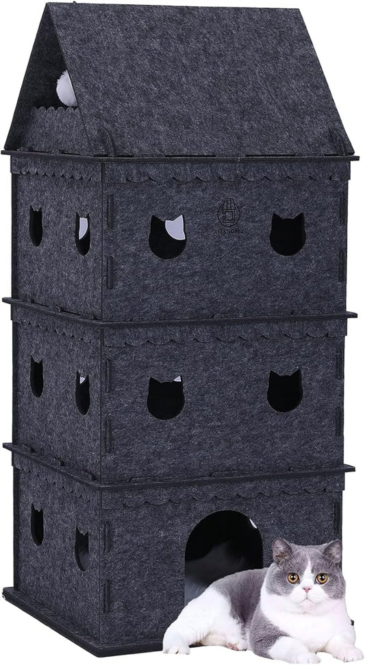 4-Tier Indoor Cat Apartment，Cozy Pet Cat Bed, Hideaway, and Sturdy Cat Castle for Multiple and Large Cats-PawvioPets