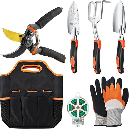 ESOW Garden Tool Set 7 PCS, Includes Cast-Aluminum Heavy Duty Hand Trowel, Transplant Trowel, Hand Rake, SK-5 Steel Gardening Scissor, Plant Tie, Bag & Gloves, Tool Kit Gifts-PawvioPets
