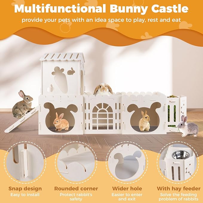 Extra Large Rabbit House, Wooden Bunny House Hideout with 4 Houses and Hay Feeder Indoor, Rabbit Guinea Pig Hideout Multistory Climbing Tower Sturdy Wooden Castle, Small Animal Hideaway Tunnel-PawvioPets