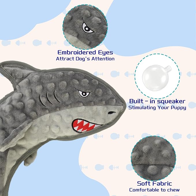 Dog Toy Squeaky Chew Dog Toys No PP-Cotton,no Stuffed for Small, Medium, Large Breed Dogs Interactive Hours of Fun,Gray-Shark-PawvioPets