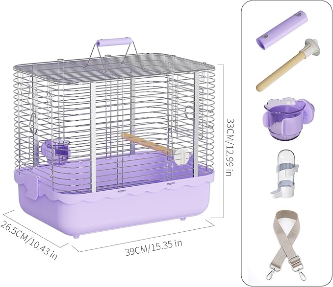 Bird Carrier Travel Cage, Durable Portable Stainless Steel Birdcage with Bird Perch & Feeding Bowl for Parrots Canaries Budgies Lovebirds Conures Cockatiels (Large Purple)-PawvioPets