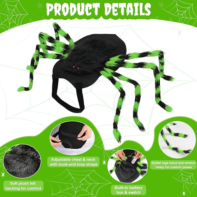 Dog Halloween Costume Large Breed, Furry Dog Spider Costume with 64 LED, Funny Halloween Dogs Costumes for Large Dogs Medium Pet Halloween Party Cosplay (Green)-PawvioPets