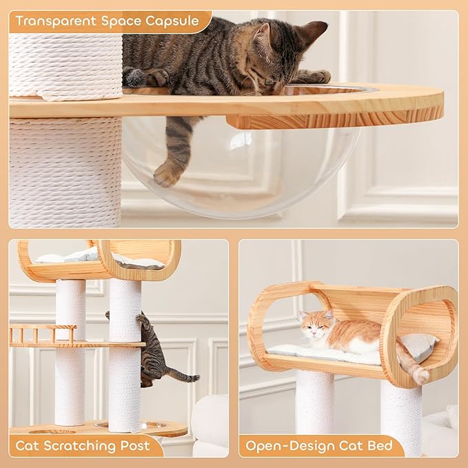 63.6'' Modern Cat Tree Indoor, Solid Wood Cat Tree with Scratching Post for Multi-Cat Families, Tall Cat Tower with Auxiliary Stairs, Huge Condo for Large Cats-PawvioPets