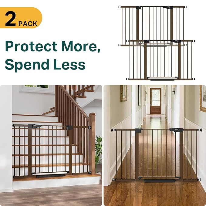 Cumbor 2 Pack 29.7"-51.5" Extra Wide Baby Gate for Stairs, Mom's Choice Awards Winner-Dog Gates for Doorways, Pressure Mounted Walk Through Pet Gate Indoor, Safety Auto-Close Child Gate for Kid,Brown-PawvioPets