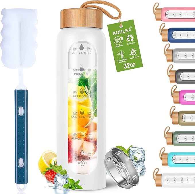 Aqulea Glass Water Bottles 32 Oz with Silicone Sleeve - BPA Free Reusable Wide Mouth Glass Motivational Water Bottles with Fruit Infuser – Leak Proof Borosilicate Water Bottle with Time Marker (White)-PawvioPets