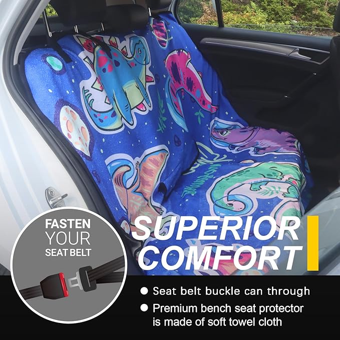 Back Seat Cover for Car Trucks Van SUV,Waterproof Rear Bench Towel Seat Covers for Dogs and Kids,Automotive Backseat Protector (Cartoon Dinosaur)-PawvioPets