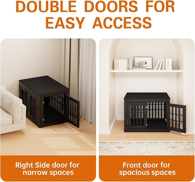 38" Heavy Duty Dog Crate Furniture for Small,Medium and Large Dogs,Rustic Wooden Dog Cage Kennel Indoor Furniture with Waterproof Top,Decorative Pet House Side End Table (Black)-PawvioPets