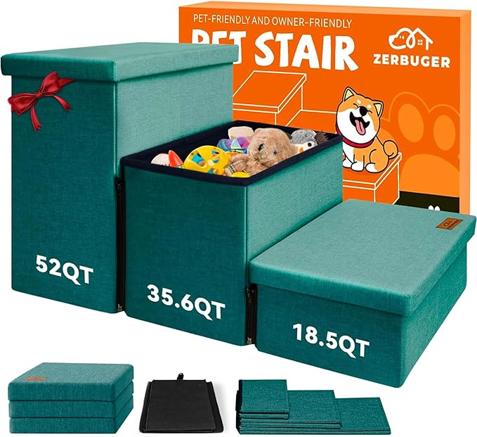 Dog Stairs with Storage 18" H, 3-Step Wider Dog Steps for Small/Medium/Large Old Dogs Cats, Folding Sturdy Pet Stairs for Climbing Bed Couch, Ramp for Car Hold Up to 200 lbs, Dark Green-PawvioPets