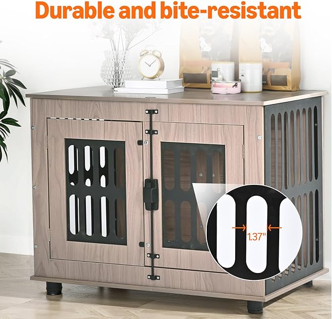 Amazon Basics Heavy Duty Dog Crate Furniture for Small to Medium Dogs, Wooden Decorative Dog Kennel Cage Indoor with Safety Lock, 38.5" L x 26.8" W x 25.6" H-PawvioPets