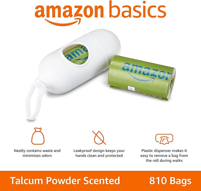 Amazon Basics Dog Poop Bags with Dispenser, 810 Count, Enhanced for Guaranteed Leakproof, Talcum Powder Scented, Includes Leash Clip-PawvioPets