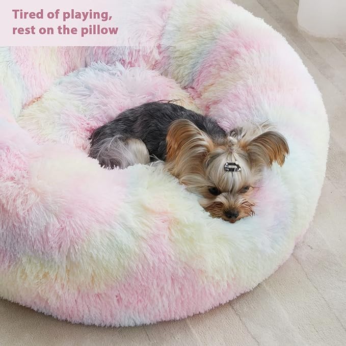 WNPETHOME Calming Dog Bed Cat Bed Donut, Faux Fur Pet Bed Self-Warming Donut Cuddler, Comfortable Round Plush Dog Beds-PawvioPets