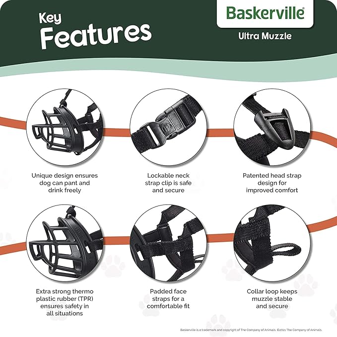 BASKERVILLE ULTRA MUZZLE - Patented Humane Design, Breathable, Dog can Pant and Drink, Adjustable, Padded, Training Muzzle for Medium-sized Dogs, Prevents Biting, Wildlife Scavenging (Size 3, Black)-PawvioPets
