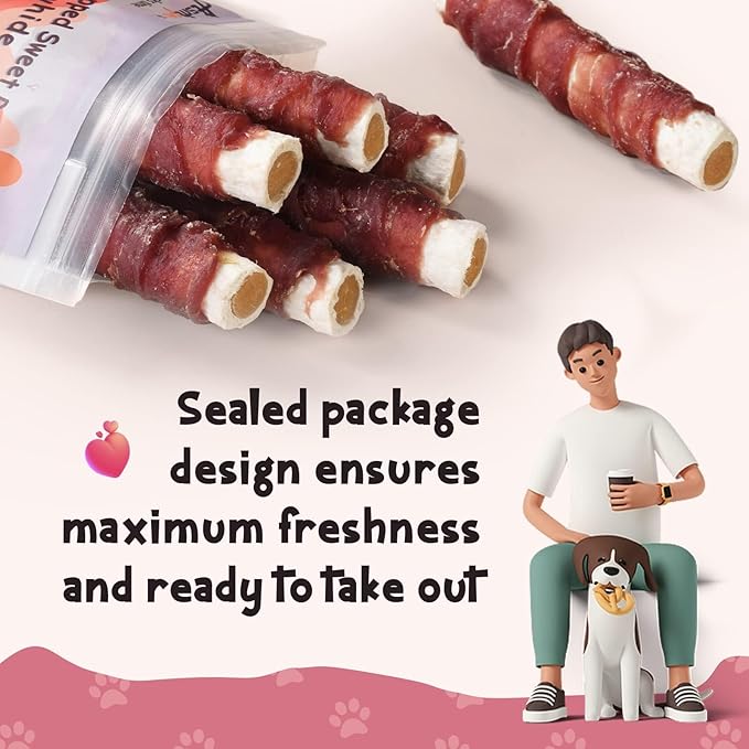 ASMPET Dog Treats Chews, Duck Wrapped Rawhide Sticks Filled with Sweet Potato for Small Medium Large Dogs（6pcs）-PawvioPets