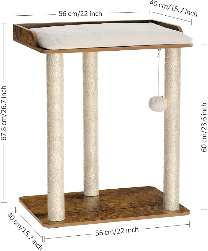 FourFurPets 26.7in Large Cat Tree Tower Condo, Cat Scratch Posts for Indoor Cats, Big Plate, Three 23.6in Full Sisal Scratching Posts, Rustic Brown-PawvioPets