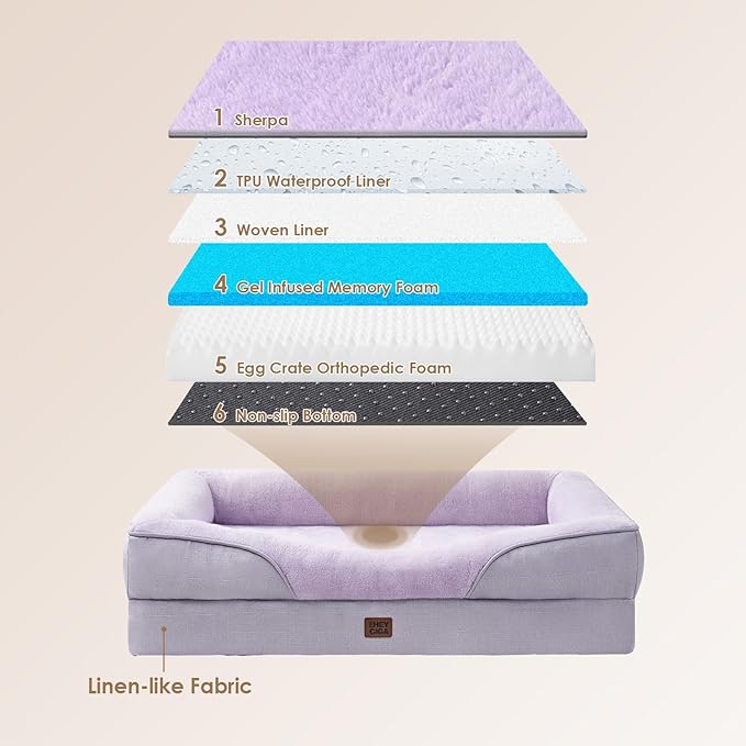 EHEYCIGA Memory Foam Dog Bed for Large Sized, Orthopedic Dog Sofa with Sides and Waterproof Liner, Washable Bolster Pet Couch with Removable Cover, 41x27x7.5 Inch, Purple-PawvioPets