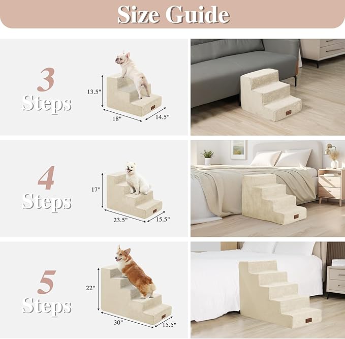 GGIB Dog Stairs for Small Dogs Pet Stairs for Sofa Couch Dog Ramp Pet Steps with Removable Washable Cover, Beige, 13" H, 3-Step-PawvioPets