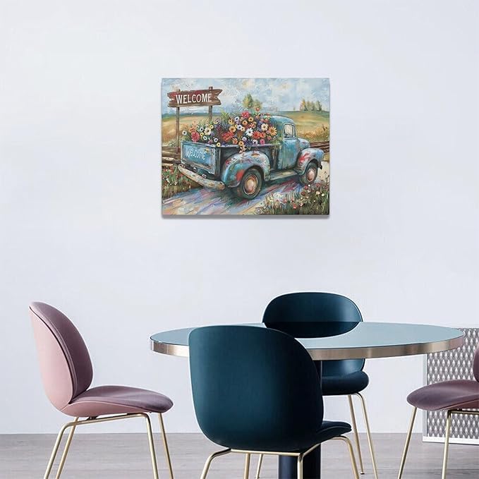 Farmhouse Truck Wall Art Rustic Country Wildflowers Wall Decor Road Flowers Landscape Pictures Canvas Print Painting Artwork for Bathroom Living Room Bedroom 16"x20"-PawvioPets