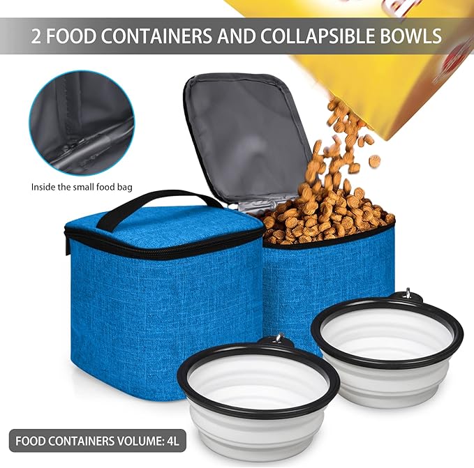 BAGLHER Pet Travel Bag, Double-Layer Pet Supplies Backpack (for All Pet Travel Supplies), Pet Travel Backpack with 2 Silicone Collapsible Bowls and 2 Food Baskets Blue-PawvioPets