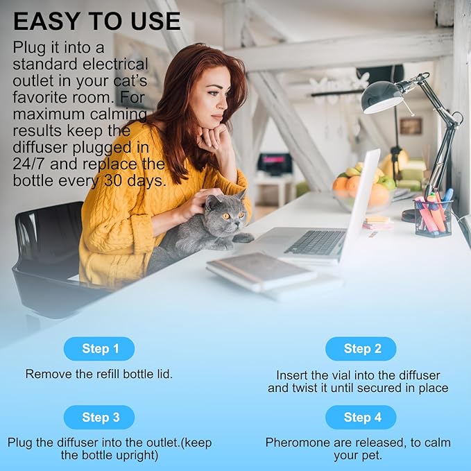 Cat Calming Diffuser Kit for Cat Anxiety Relief, 3-in-1 Cat Pheromone Diffuser Kit with 1 Diffuser +2 Refill 48ml Vial for 60-Day Use, Reduces Separation Anxiety, Aggression, and Stress-PawvioPets